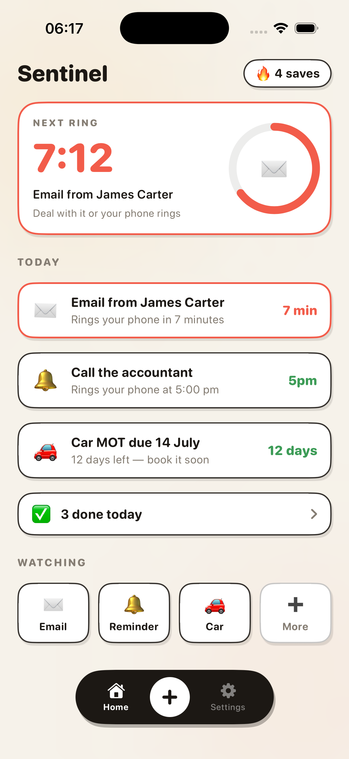 Sentinel iOS prototype showing time-based escalation tasks
